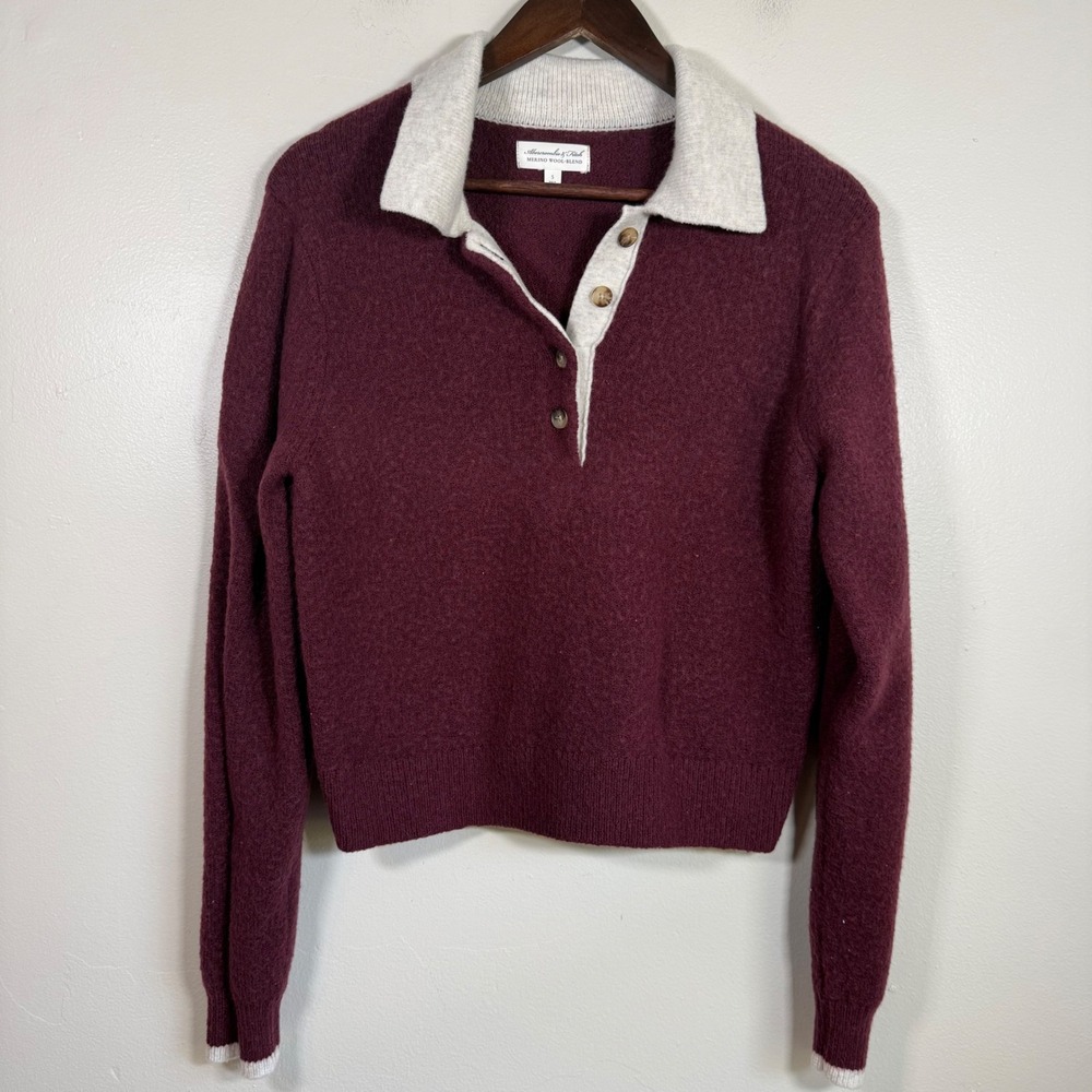 Abercrombie & Fitch Merino Wool-Blend Polo Contrast Sweater Size S Burgundy